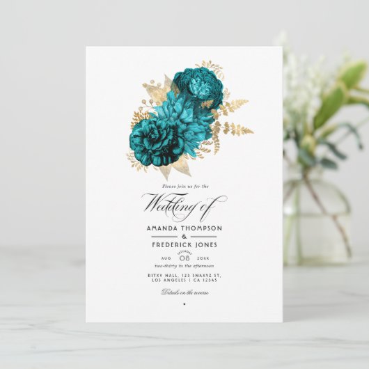  Turquoise - Blauwgroen en goudFloral Wedding Kaart (Staand voorkant)