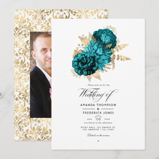 Turquoise - Blauwgroen en goudFloral Wedding Kaart (Voorkant / Achterkant)