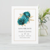  Turquoise - Blauwgroen en goudFloral Wedding Save The Date (Staand voorkant)