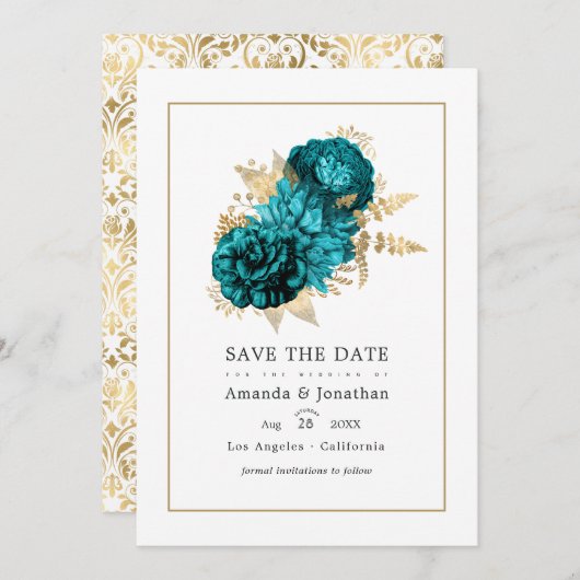  Turquoise - Blauwgroen en goudFloral Wedding Save The Date (Voorkant / Achterkant)