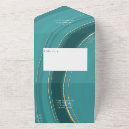 Turquoise - Blauwgroen en goudgeit huwelijk in één All In One Uitnodiging (Buitenkant)