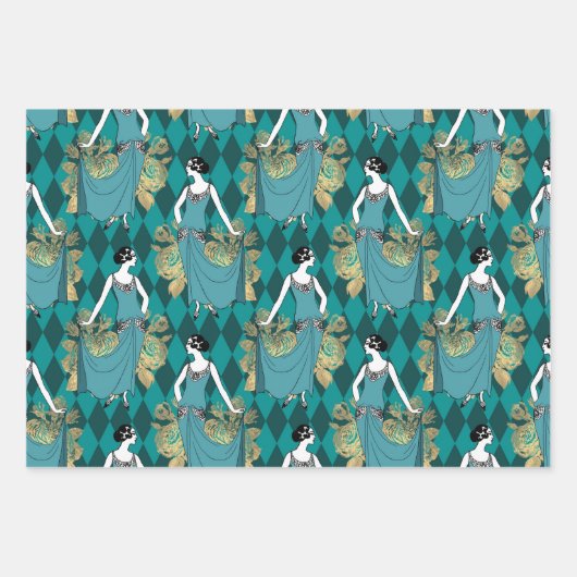 Turquoise - Blauwgroen en goudpartikerwijn Inpakpapier Vel (Voorkant)