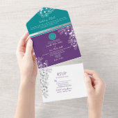 Turquoise Blauwgroen en Paarse bruiloft All In One Uitnodiging (Afscheurbaar)