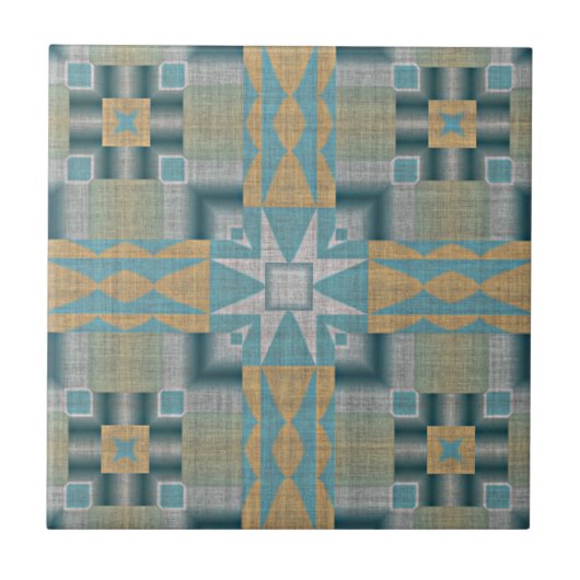 Turquoise Blauwgroen Geel Oranje Eclectische Etnis Tegeltje (Voorkant)