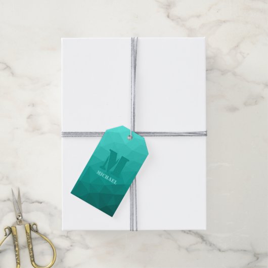 Turquoise blauwgroen geometrisch maaspatroon Monog Cadeaulabel (Met Touw)