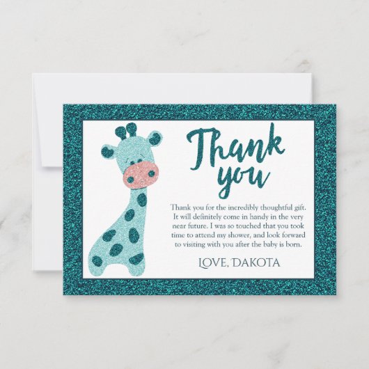 Turquoise Blauwgroen Giraffe Modern Glitter Baby s Bedankkaart (Voorkant)