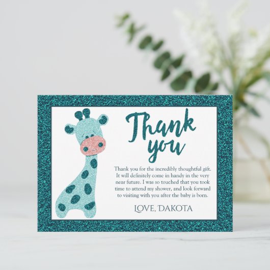 Turquoise Blauwgroen Giraffe Modern Glitter Baby s Bedankkaart (Staand voorkant)