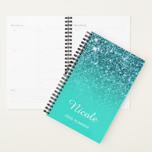 Turquoise Blauwgroen Glitter Ombre Personalized Planner (Display)