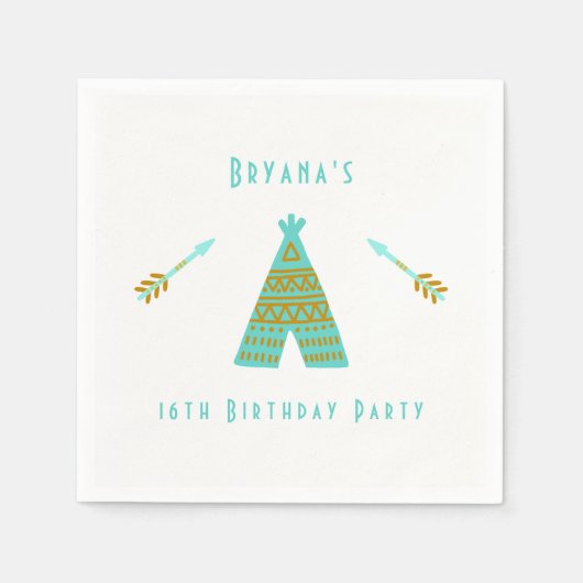 Turquoise Blauwgroen & Gold Tepee Modern Birthday  Servet (Voorkant)