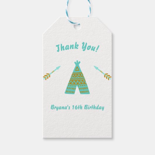 Turquoise Blauwgroen Gold Tepee Sweet 16 Birthday Cadeaulabel (Voorkant)