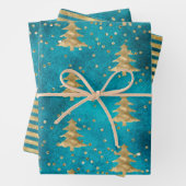Turquoise Blauwgroen Gouden Sparkle Kerstboom Inpakpapier Vel (In situ)