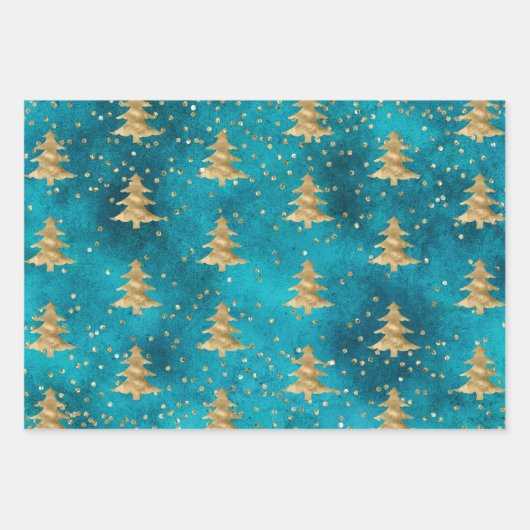 Turquoise Blauwgroen Gouden Sparkle Kerstboom Inpakpapier Vel (Voorkant)