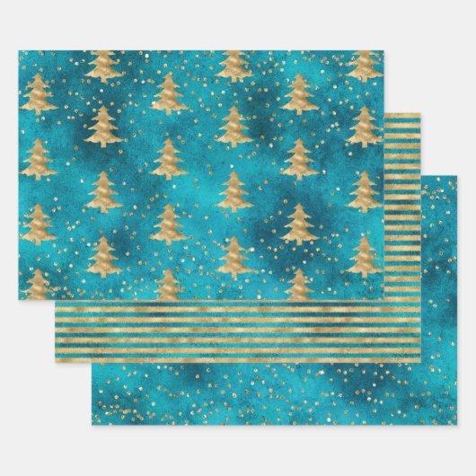 Turquoise Blauwgroen Gouden Sparkle Kerstboom Inpakpapier Vel (Set)