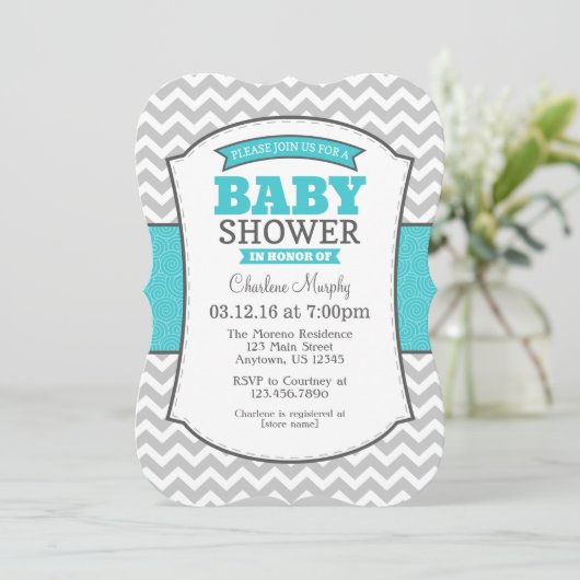 Turquoise Blauwgroen Gray Chevron Baby shower Uitn Kaart (Staand voorkant)
