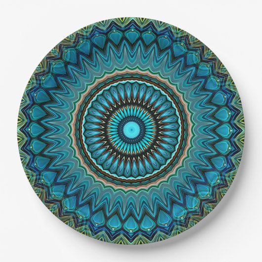 Turquoise Blauwgroen Green Mandala Round Star Patt Papieren Bordje (Voorkant)
