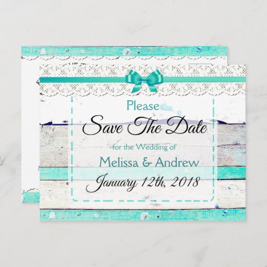 Turquoise Blauwgroen Grijs Hout Save the Date Brie Aankondigingskaart (Voorkant / Achterkant)