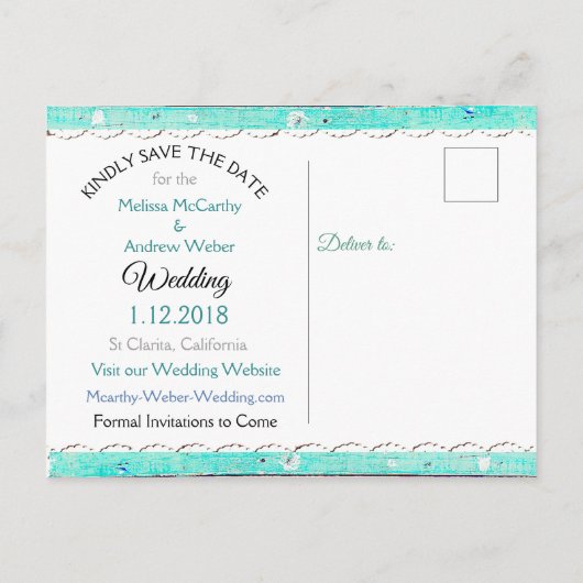 Turquoise Blauwgroen Grijs Hout Save the Date Brie Aankondigingskaart (Achterkant)