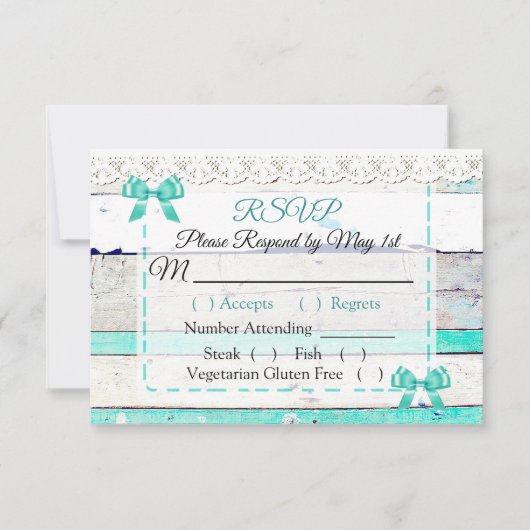 Turquoise Blauwgroen Grijs Rustiek Hout Wedding RS RSVP Kaartje (Voorkant)