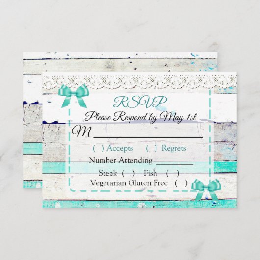 Turquoise Blauwgroen Grijs Rustiek Hout Wedding RS RSVP Kaartje (Voorkant / Achterkant)