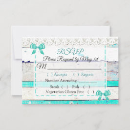 Turquoise Blauwgroen Grijs Rustiek Hout Wedding RS RSVP Kaartje
