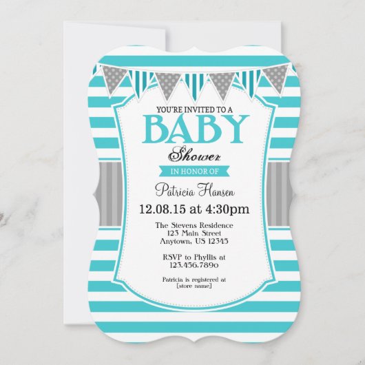 Turquoise Blauwgroen Grijze Stripes Baby shower Ui Kaart (Voorkant)