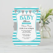 Turquoise Blauwgroen Grijze Stripes Baby shower Ui Kaart (Staand voorkant)