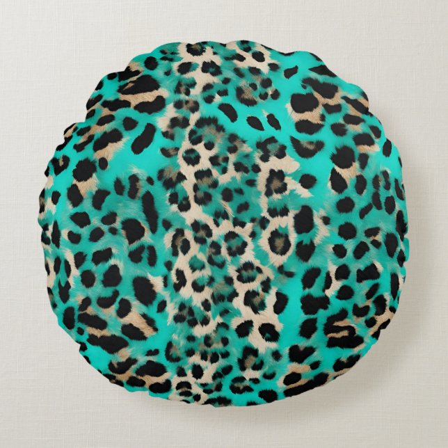 Turquoise Blauwgroen luipaardprint Rond Kussen (Voorkant)