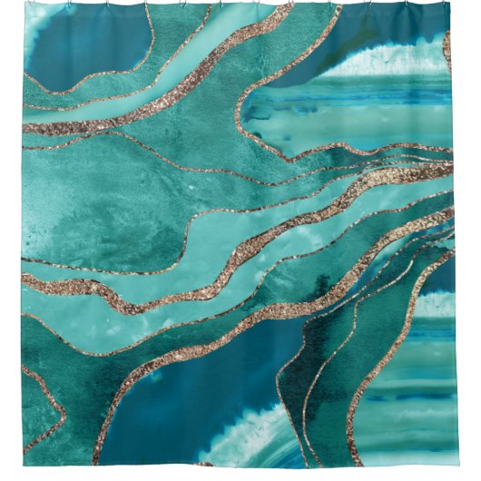 Turquoise Blauwgroen marmer Agate Gold Glitter Gla Douchegordijn (Voorkant)