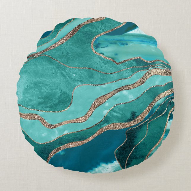 Turquoise Blauwgroen marmer Agate Gold Glitter Gla Rond Kussen (Voorkant)