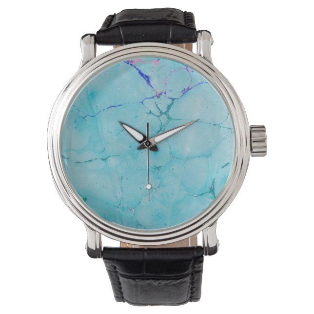 Turquoise Blauwgroen Marmeren Verf Abstracte Water Horloge (Voorkant)