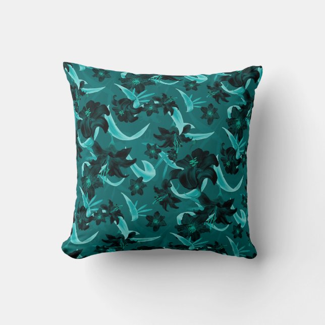 Turquoise & Blauwgroen Modern Floral | Lily Flower Kussen (Voorkant)