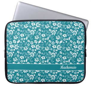 Turquoise Blauwgroen monogram Tropical Flowers Laptop Sleeve