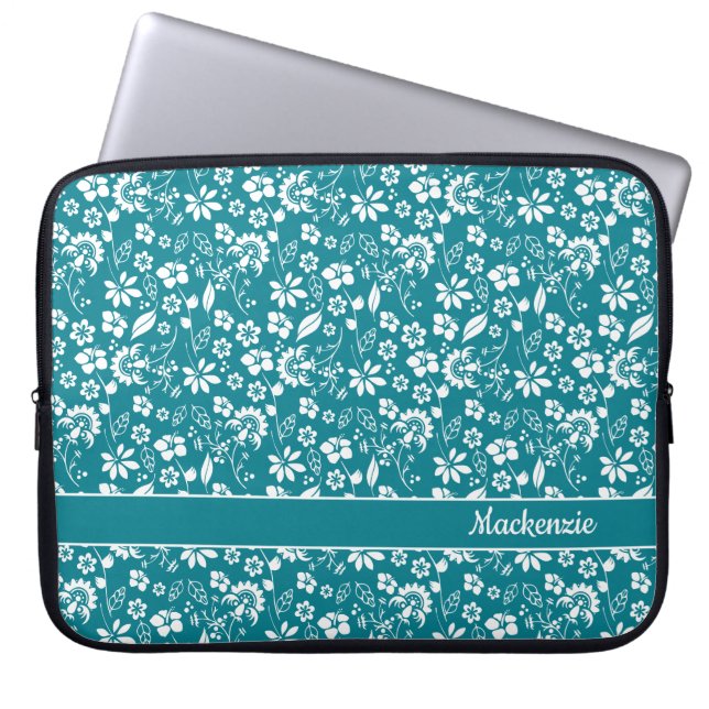 Turquoise Blauwgroen monogram Tropical Flowers Laptop Sleeve (Voorkant)