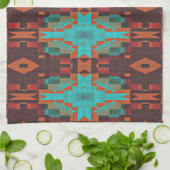 Turquoise Blauwgroen Oranje Rode Eclectische Etnis Theedoek (Gevouwen)