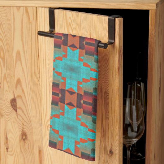 Turquoise Blauwgroen Oranje Rode Eclectische Etnis Theedoek (Derde Gevouwen)