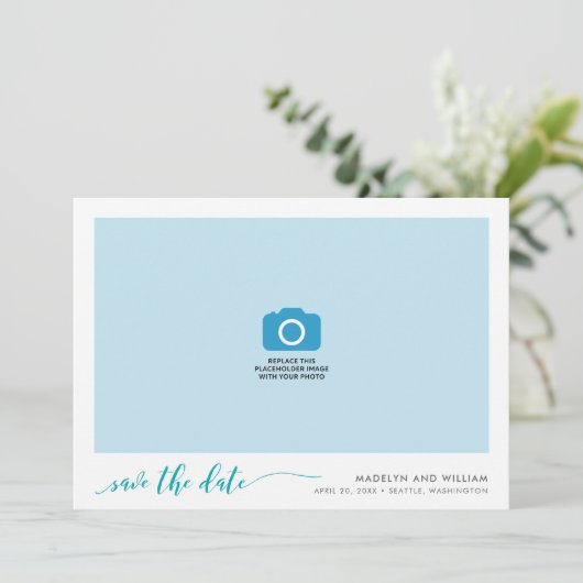 Turquoise Blauwgroen Relax Script Sla de datumfoto Save The Date (Staand voorkant)