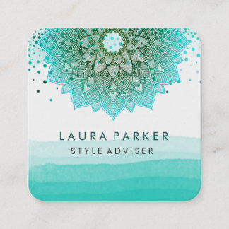 Turquoise Blauwgroen Waterverf Lotus Mandala Yoga Vierkante Visitekaartje