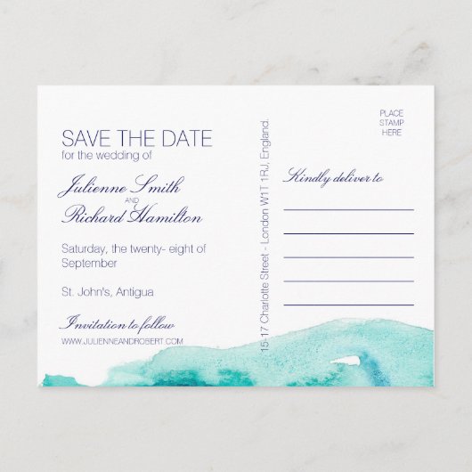 Turquoise Blauwgroen Waterverf Save the Date Brief Aankondigingskaart (Achterkant)