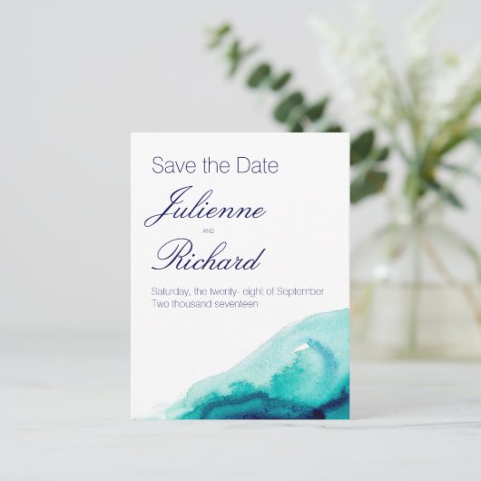 Turquoise Blauwgroen Waterverf Save the Date Brief Aankondigingskaart (Staand voorkant)