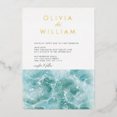 Turquoise Blauwgroen Waves Strand Bruiloft Folie U Folie Uitnodiging (Voorkant)