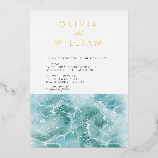Turquoise Blauwgroen Waves Strand Bruiloft Folie U Folie Uitnodiging (Voorkant)