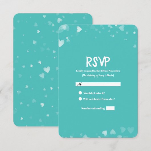 Turquoise Blauwgroen & White Hearts Wedding RSVP (Voorkant / Achterkant)