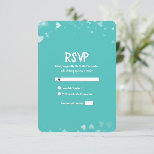 Turquoise Blauwgroen & White Hearts Wedding RSVP (Staand voorkant)