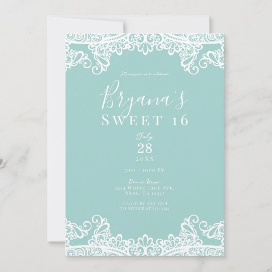 Turquoise Blauwgroen White Lace Elegant Sweet 16 P Kaart (Voorkant)