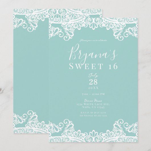 Turquoise Blauwgroen White Lace Elegant Sweet 16 P Kaart (Voorkant / Achterkant)