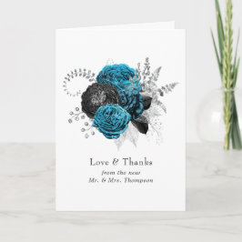 Turquoise - Blauwgroen zwart en zilver Floral Wedd Bedankkaart