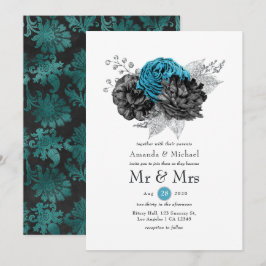 Turquoise - Blauwgroen zwart en zilver Floral Wedd Kaart