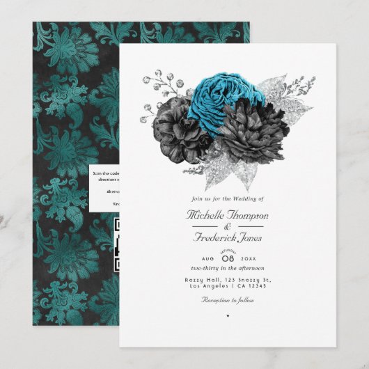 Turquoise - Blauwgroen zwart en zilver Floral Wedd Kaart (Voorkant / Achterkant)