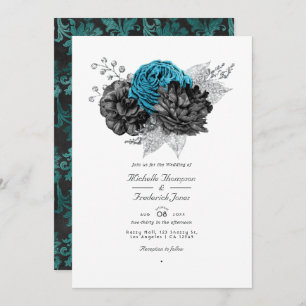 Turquoise - Blauwgroen zwart en zilver Floral Wedd Kaart