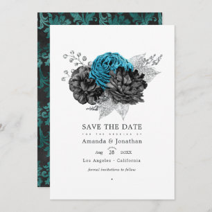 Turquoise - Blauwgroen zwart en zilver Floral Wedd Save The Date